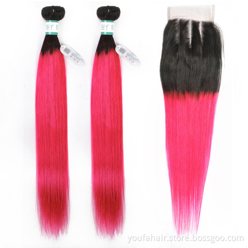 Factory Price Unprocessed Peruvian Virgin Human Hair Ombre Color 1b/Pink Straight Bundles Hair Extension with Front and Closure